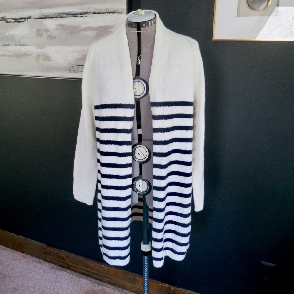 J.JILL Cozy Open Front Striped Long Line Cardigan Size XL Navy Nautical Stripe - Picture 2 of 12